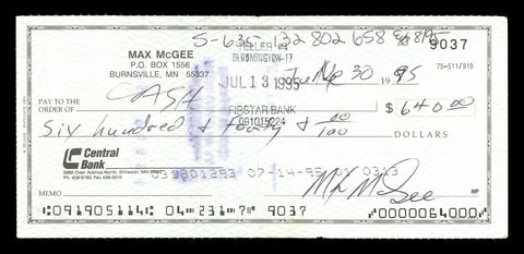 Max McGee Authentic Autographed Signed 2.75x6 Check Green Bay Packers 174012