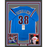 Framed Autographed/Signed Curt Schilling 33x42 Retro Blue Jersey JSA COA