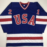 Autographed/Signed Mike Eruzione Blue Team Miracle On Ice 1980 Jersey JSA COA