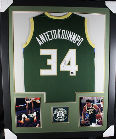 GIANNIS ANTETOKOUNMPO (Bucks green TOWER) Signed Autograph Framed Jersey Beckett