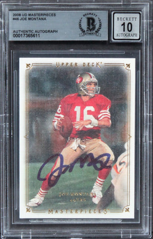 49ers Joe Montana Signed 2008 UD Masterpieces #46 Card Auto Graded 10! BAS Slab