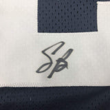 Framed Autographed/Signed Saquon Barkley 35x39 Penn State Blue Jersey PSA COA