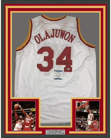 Framed Autographed/Signed Hakeem Olajuwon 33x42 Houston White Jersey BAS COA