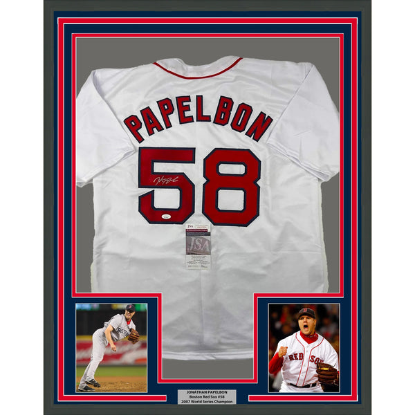 Framed Autographed/Signed Jonathan Papelbon 33x22 Boston White Jersey JSA COA