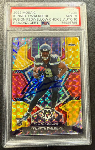 Kenneth Walker Rookie Auto PSA 9 Mint 2022 Mosaic Fusion Red/Yellow Choice /80