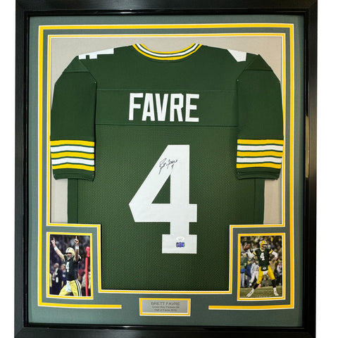 Framed Autographed/Signed Brett Favre 35x39 Green Bay Green Jersey JSA COA