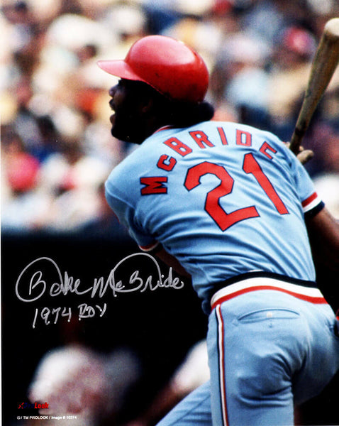 Bake McBride Signed St Louis Cardinals Action 8x10 Photo w/ROY - (SCHWARTZ COA)