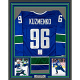 Framed Autographed/Signed Andrei Kuzmenko 33x42 Blue Jersey PSA/DNA COA