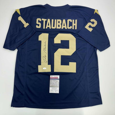 Autographed/Signed Roger Staubach Navy Midshipmen Blue College Jersey JSA COA