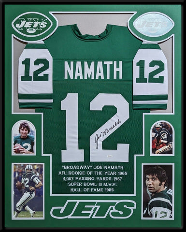 FRAMED NEW YORK JETS JOE NAMATH AUTOGRAPHED SIGNED STAT JERSEY JSA COA