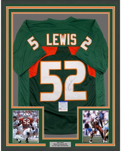 Framed Autographed/Signed Ray Lewis 35x39 Miami Green Jersey PSA/DNA COA