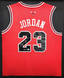 Bulls Michael Jordan Autographed Framed Red Jersey Beckett QR & UDA BAJ03662