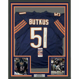 FRAMED Autographed/Signed DICK BUTKUS HOF 79 33x42 Chicago Blue Jersey JSA COA