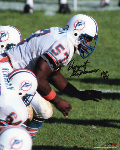 Dwight Stephenson Signed Dolphins Stance 8x10 Photo w/HOF'98 - (SCHWARTZ COA)