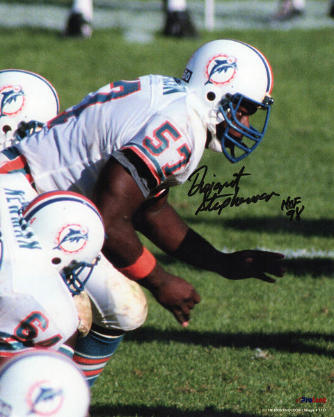 Dwight Stephenson Signed Dolphins Stance 8x10 Photo w/HOF'98 - (SCHWARTZ COA)