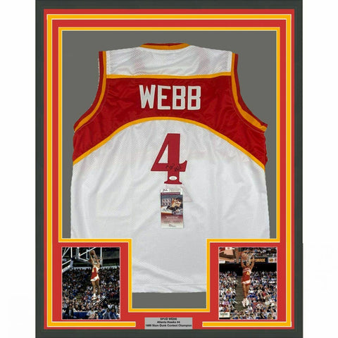 FRAMED Autographed/Signed SPUD WEBB 33x42 Atlanta White Jersey JSA COA Auto