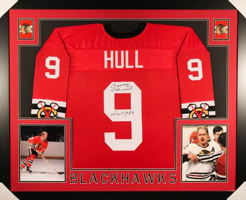 Bobby Hull Signed Blackhawks 35x43 Custom Framed Jersey Inscribed "HOF 1983"