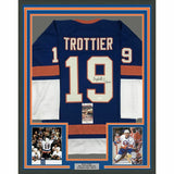 FRAMED Autographed/Signed BRYAN TROTTIER HOF 97 33x42 NY Blue Jersey JSA COA