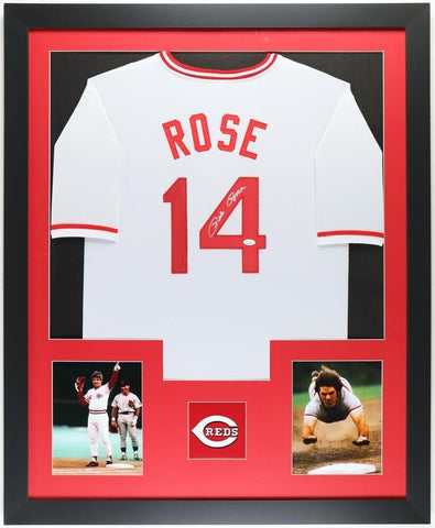 Pete Rose Signed 35x43 Framed Cincinnati Reds Jersey (JSA) 2xWorld Series Champ