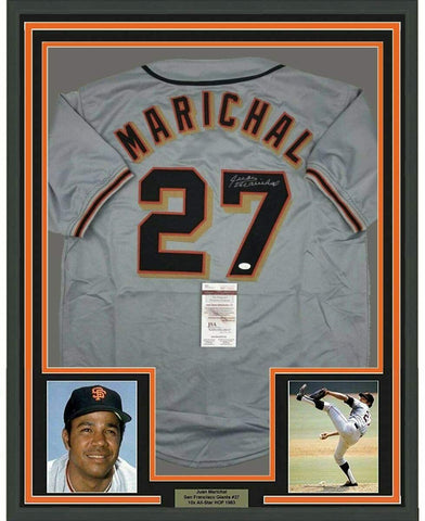 Framed Autographed/Signed Juan Marichal 33x42 San Francisco Grey Jersey JSA COA