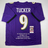 Autographed/Signed Justin Tucker 66 Yard GW FG Stat Baltimore Jersey JSA COA