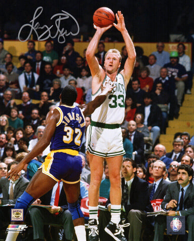 LARRY BIRD Signed Celtics Shooting over Magic Johnson 8x10 Photo - BIRD HOLOGRAM