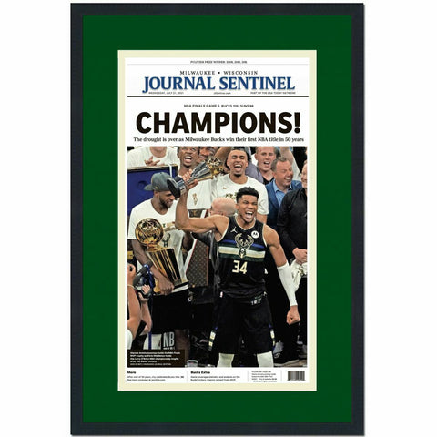 Framed Milwaukee Journal Sentinel 2021 Bucks Champions Newspaper 17x27 Photo #1