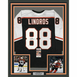 FRAMED Autographed/Signed ERIC LINDROS 33x42 Philadelphia Black Jersey JSA COA