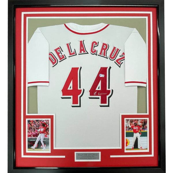 Framed Autographed/Signed Elly De La Cruz 33x43 Cincinnati White Jersey BAS COA