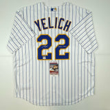 Autographed/Signed Christian Yelich Brew Crew Brewers Pinstripe Jersey JSA COA