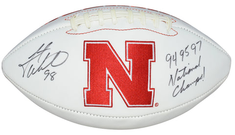 GRANT WISTROM SIGNED NEBRASKA CORNHUSKERS WHITE LOGO FOOTBALL W/ 3X CHAMPS