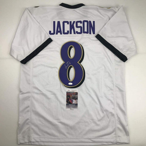 Autographed/Signed LAMAR JACKSON Baltimore White Football Jersey JSA COA Auto