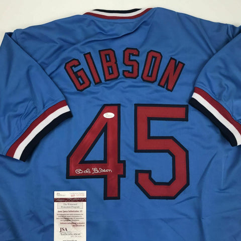 Autographed/Signed BOB GIBSON St. Louis Blue Baseball Jersey JSA COA Auto