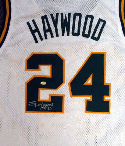 SEATTLE SONICS SPENCER HAYWOOD AUTOGRAPHED WHITE JERSEY "HOF 15" MCS HOLO 104225