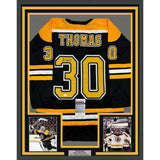 Framed Autographed/Signed Tim Thomas 35x39 Boston Black Hockey Jersey JSA COA