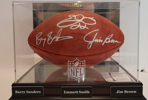 Jim Brown, Barry Sanders & Emmitt Smith HOF RB's Autographed Football with Case