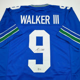 Autographed/Signed Kenneth Walker Seattle Retro Blue Football Jersey BAS COA