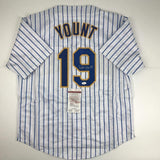 Autographed/Signed Robin Yount Milwaukee Pinstripe Baseball Jersey JSA COA