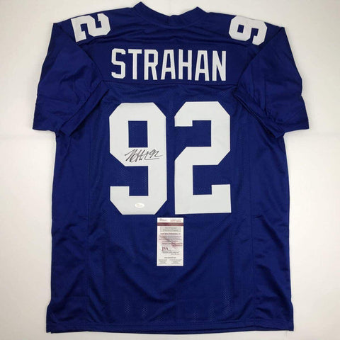 Autographed/Signed Michael Strahan New York Blue Football Jersey JSA COA Auto