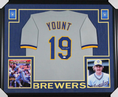 Robin Yount Signed Milwaukee Brewers 35x43 Framed Jersey (JSA Holo) H.O.F. 1999