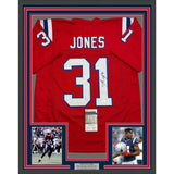 Framed Autographed/Signed Jonathan Jones 35x39 New England Red Jersey JSA COA