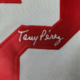 Framed Autographed/Signed Tony Perez 33x42 Cincinnati Grey Jersey BAS COA