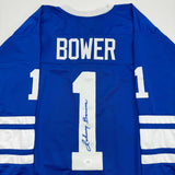 Autographed/Signed Johnny Bower Toronto Blue Hockey Jersey JSA COA