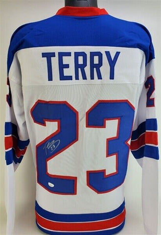 Troy Terry Signed 2018 Team USA Jersey (JSA COA)Anaheim Ducks Top Scorer 2021-22