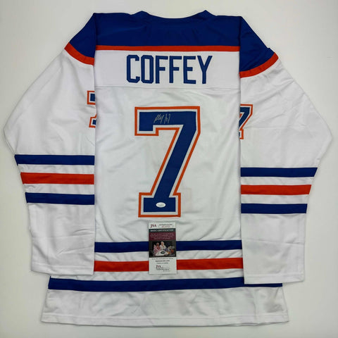 Autographed/Signed Paul Coffey Edmonton White Hockey Jersey JSA COA