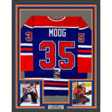 Framed Autographed/Signed Andy Moog 35x39 Edmonton Blue Hockey Jersey JSA COA