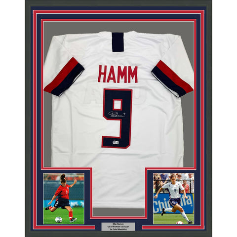 Framed Autographed/Signed Mia Hamm 35x39 White Team USA Jersey Beckett BAS COA