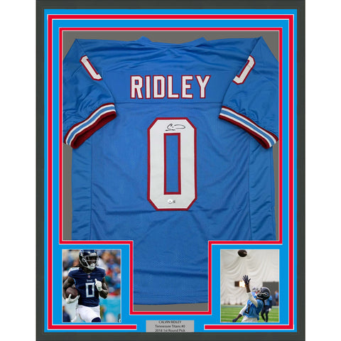 Framed Autographed/Signed Calvin Ridley 35x39 Tennessee Blue Jersey Beckett COA