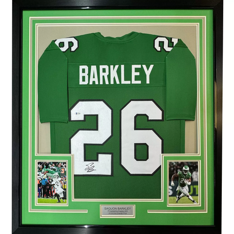 Framed Autographed/Signed Saquon Barkley 35x39 Kelly Green Jersey JSA COA