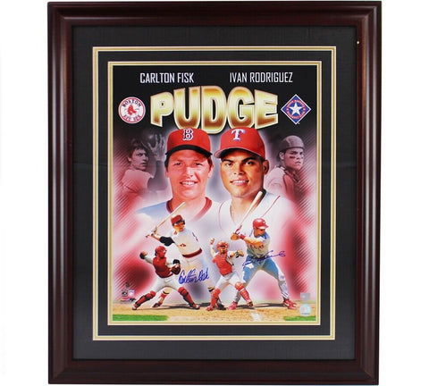 Carlton Fisk and Ivan Rodriguez Autographed/Signed Framed 16x20 Pudge MLB Photo